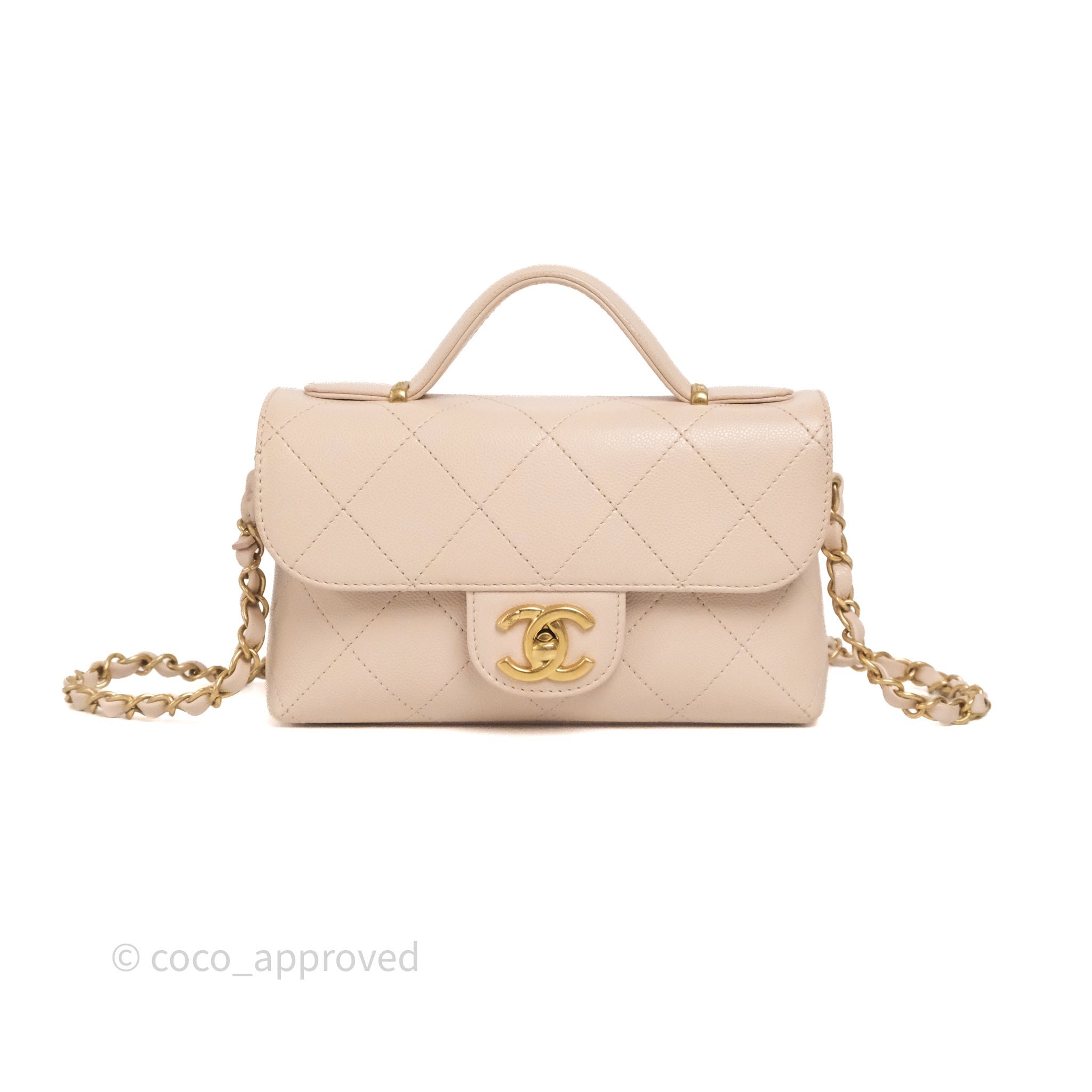 Chanel Top Handle Flap Bag Light Pink Caviar Aged Gold Hardware