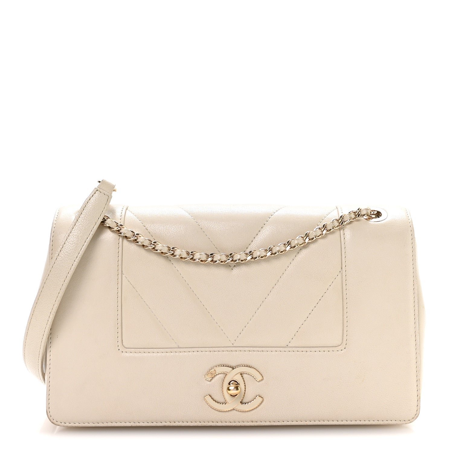 Chanel Sheepskin Chevron Quilted Medium Vintage Mademoiselle Flap White