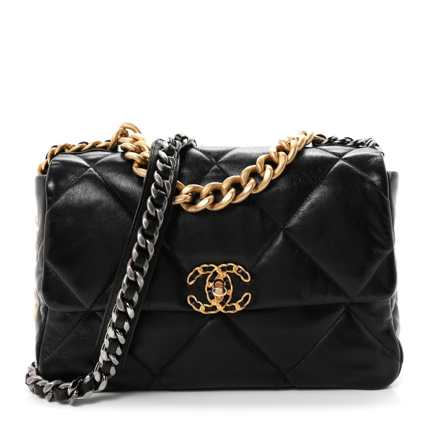 Chanel Shiny Goatskin Quilted Large Chanel 19 Flap Black