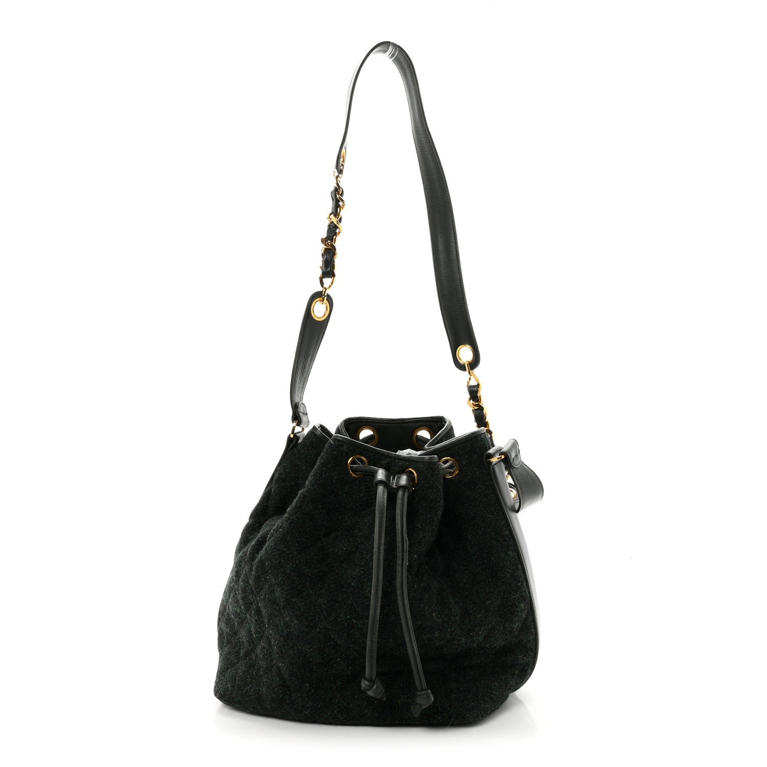 Chanel Calfskin Tweed Medium CC Chain Bucket Drawstring Bag Green