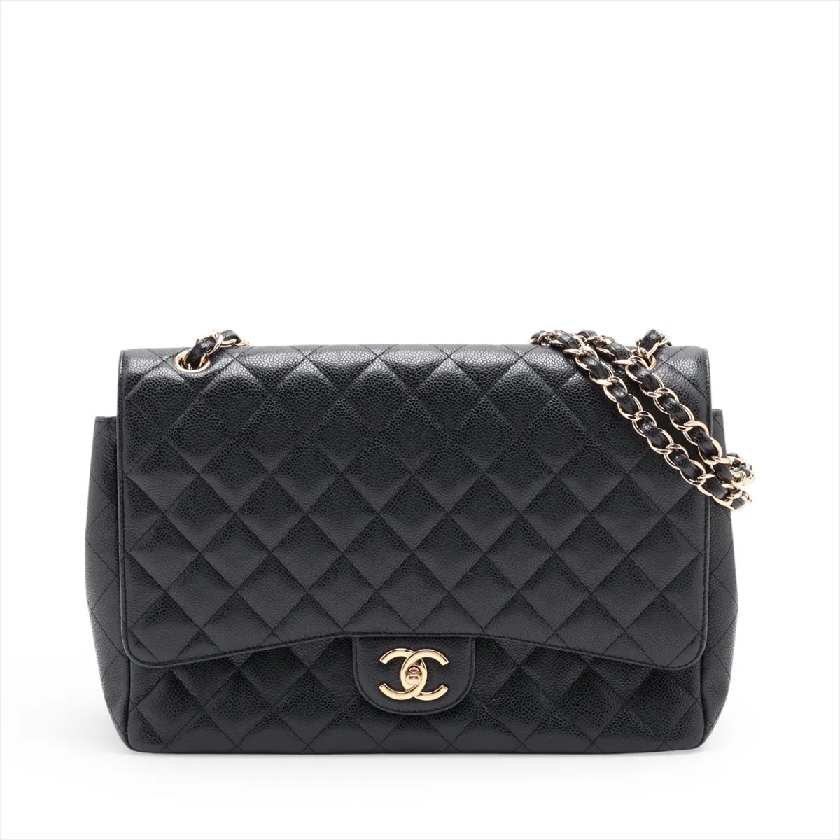 Chanel DEKAMATRASSE 34 Maxi Caviar Skin Double Flap Double Chain Bag Black Gold