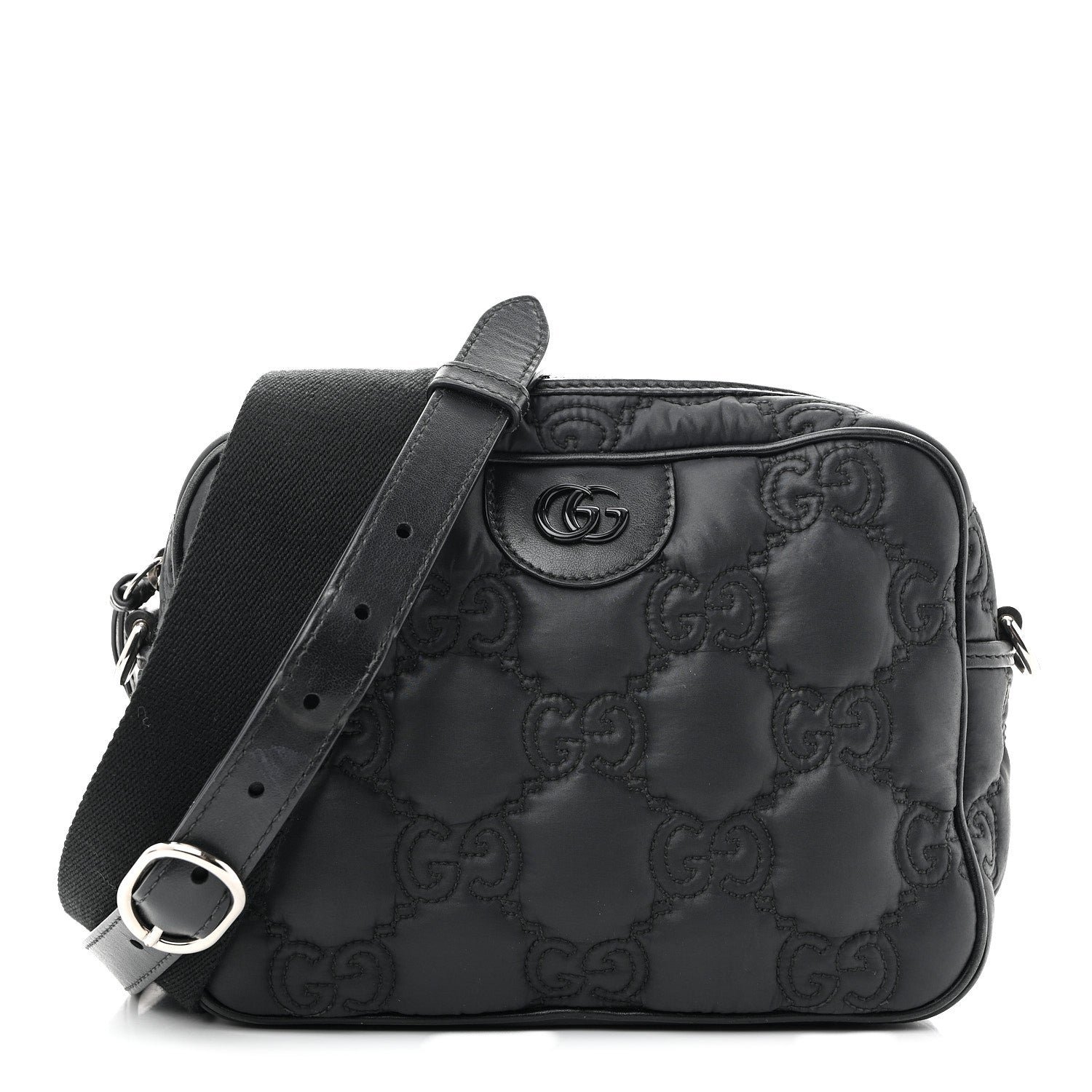 Gucci Nylon Calfskin Enamel GG Matelasse Shoulder Bag Black