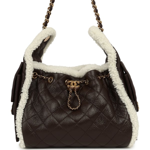 Chanel Small 25 Hobo Bag Dark Brown Crumpled Sheepskin, Ecru Shearling Gold Hardware