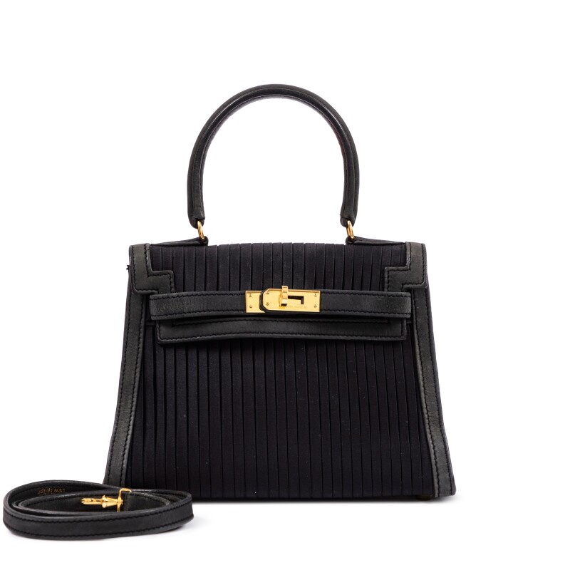 Vintage Black Doblis and Pleated Satin Mini Kelly Gold Hardware, 1992