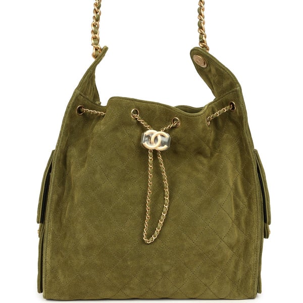 Chanel Medium 25 Hobo Bag Khaki Suede Antique Gold Hardware