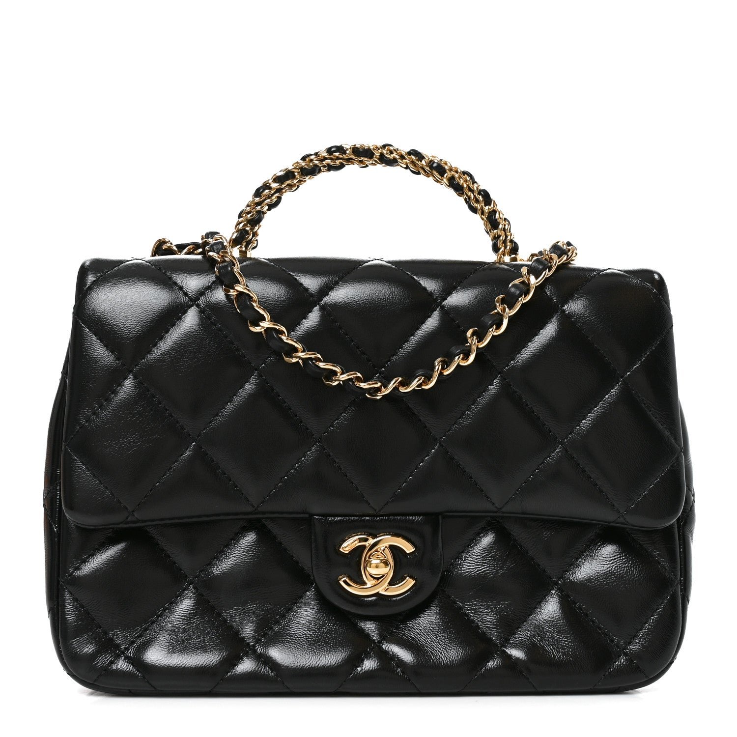 Chanel Shiny Lambskin Quilted Twisted Links Top Handle Flap Black