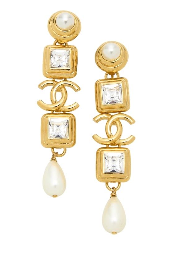 Gold Crystal 'CC' Faux Pearl Dangle Earrings