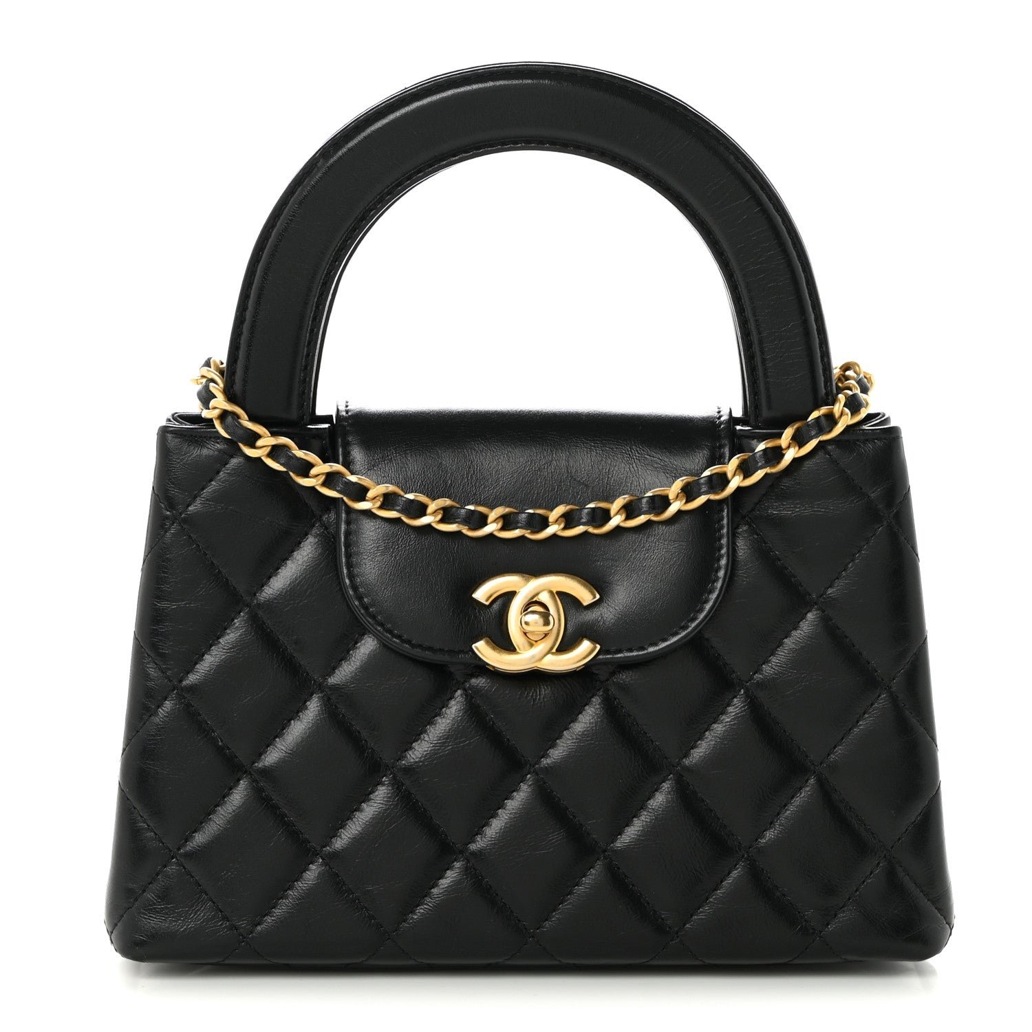 Chanel Shiny Aged Calfskin Quilted Nano Kelly Shopper Black