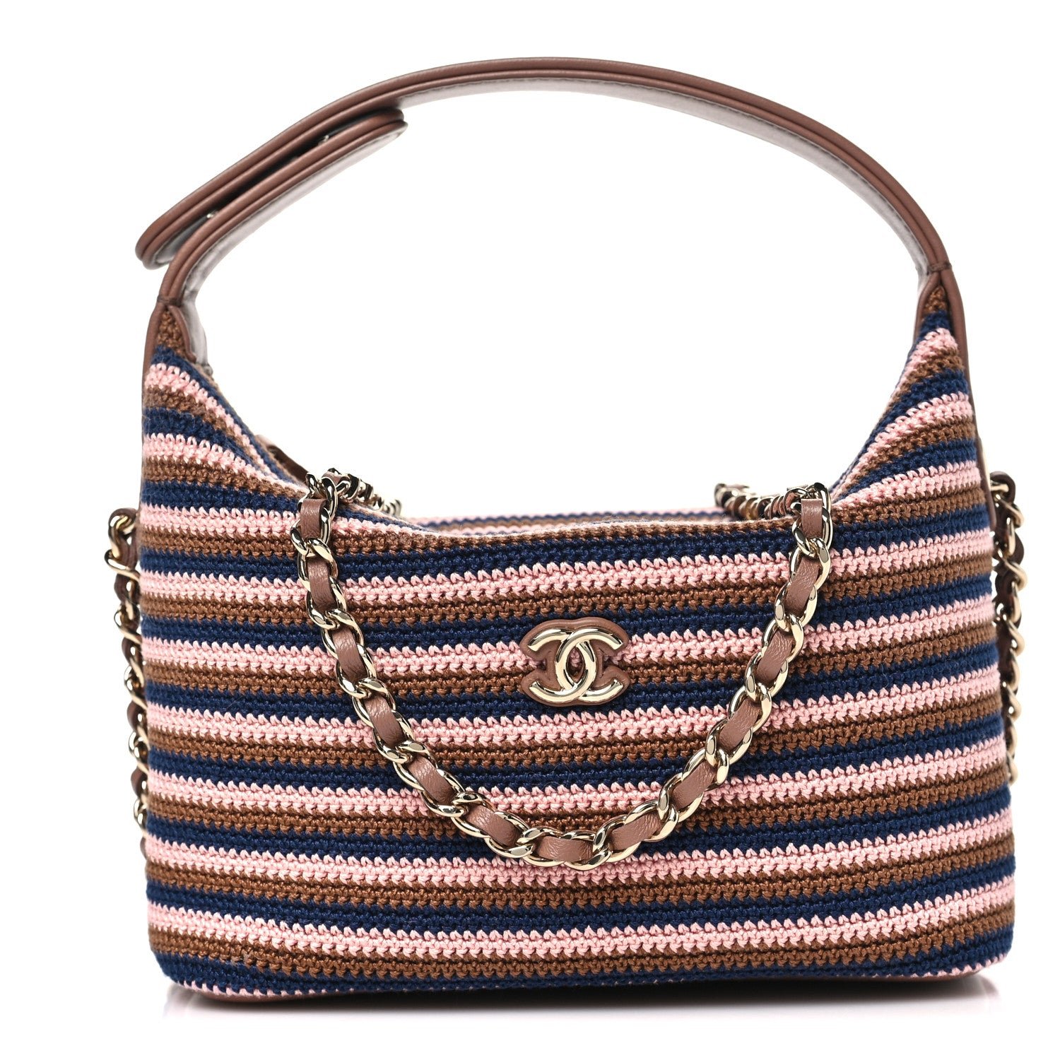 Chanel Crochet Lambskin Coco Crochet Hobo Clutch With Chain Brown Pink Navy