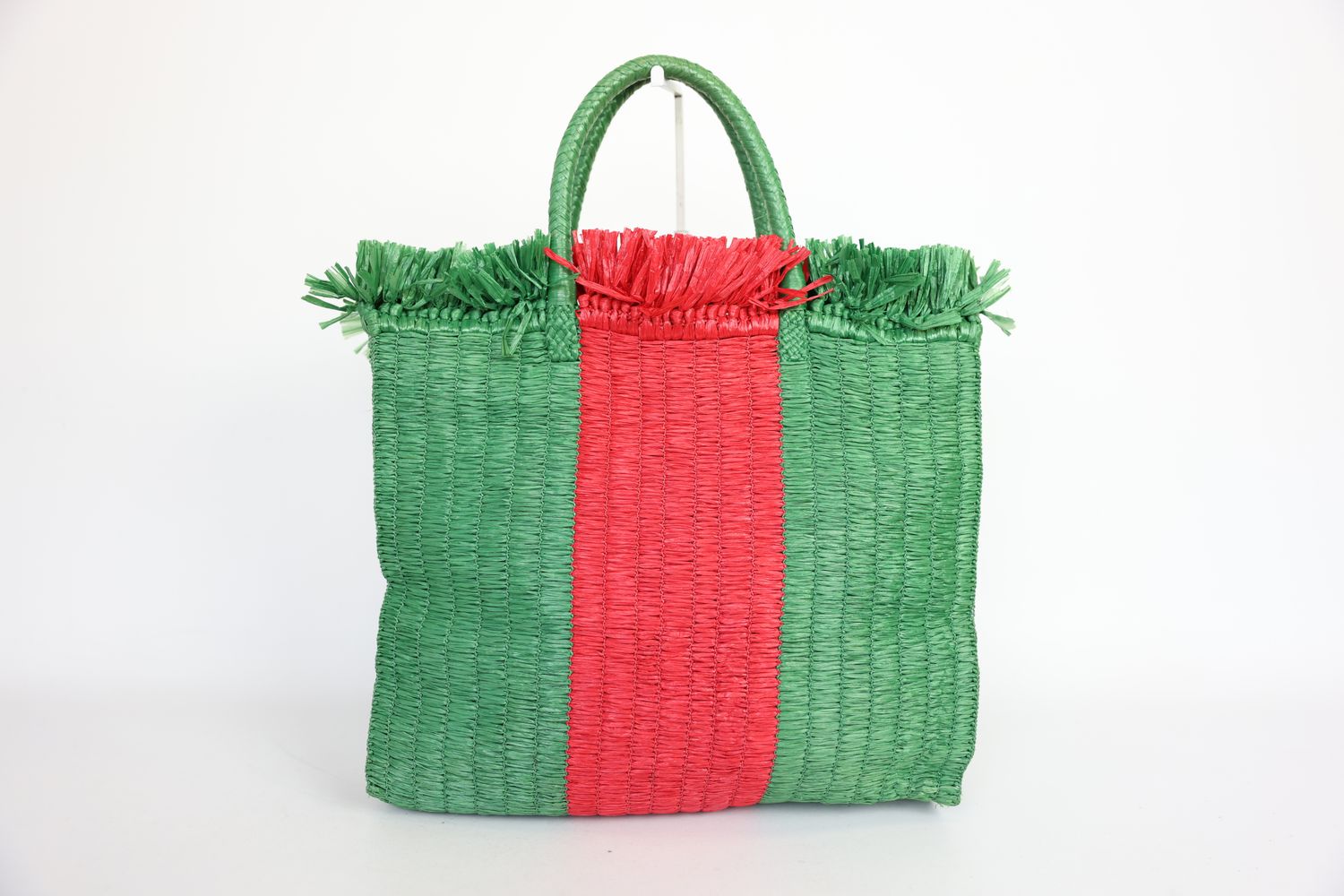 Gucci Web Cestino Tote Bag, Red and Green Woven Raffia, Preowned No Dustbag WA001
