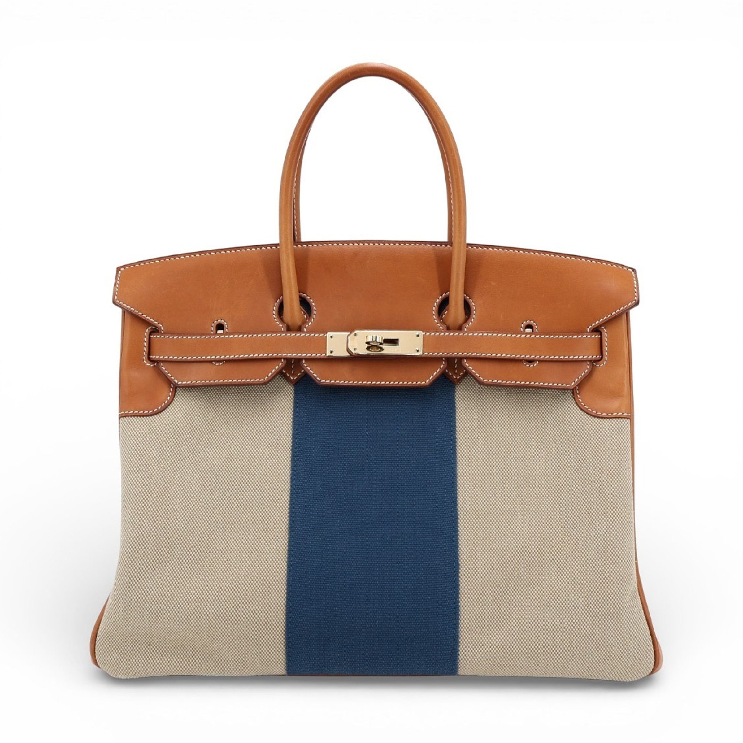 Very Good ( Rank A) HERMÈS Limited Edition Birkin 35 Flag Fauve (34) Ficelle (17) Bleu de Galice (S7) Barenia Toile H canvas Gold hardware Square Q (2013)