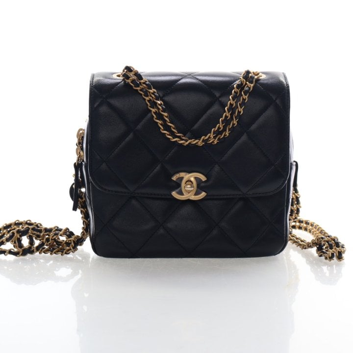 Chanel Small Shiny Calfskin Quilted Chain Melody Flap Backpack