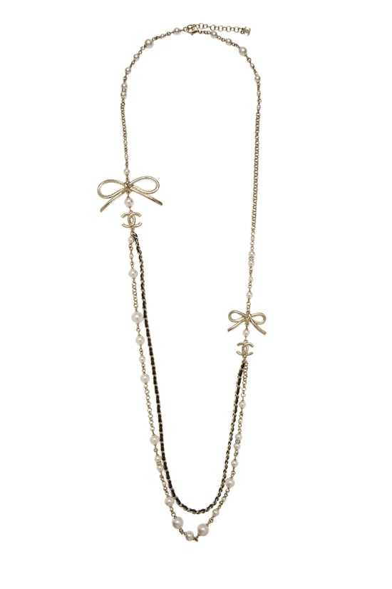 Gold Faux-Pearl 'CC' Bow Necklace