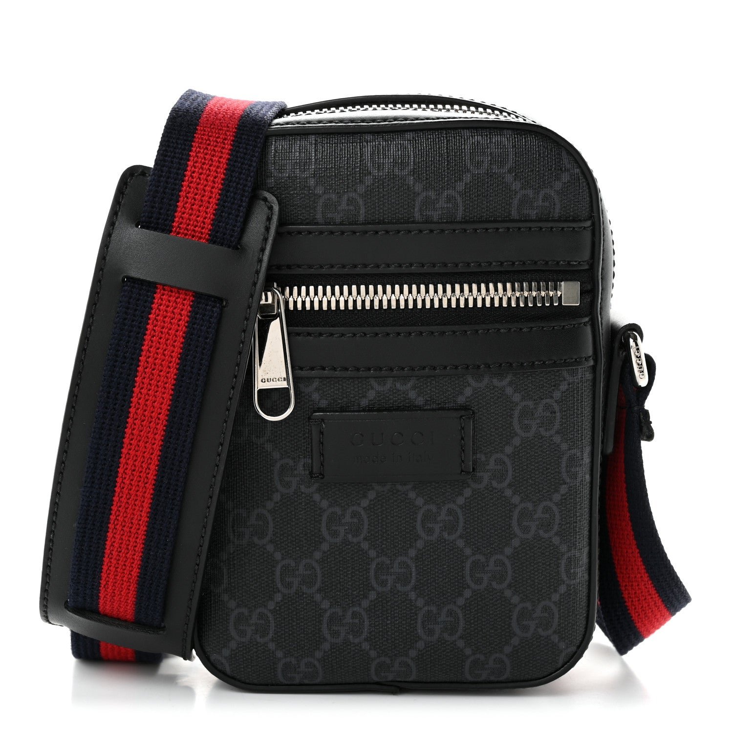Gucci GG Supreme Monogram Appia Calfskin Web Small Camera Messenger Bag Black Grey