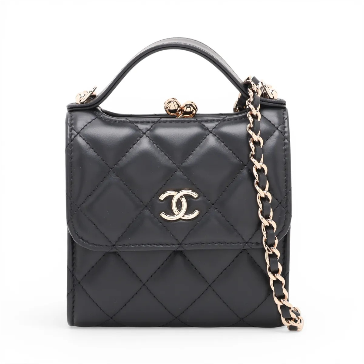 Chanel Matelasse Leather Chain Shoulder Bag Gamaguchi Black Gold Metal Fittings