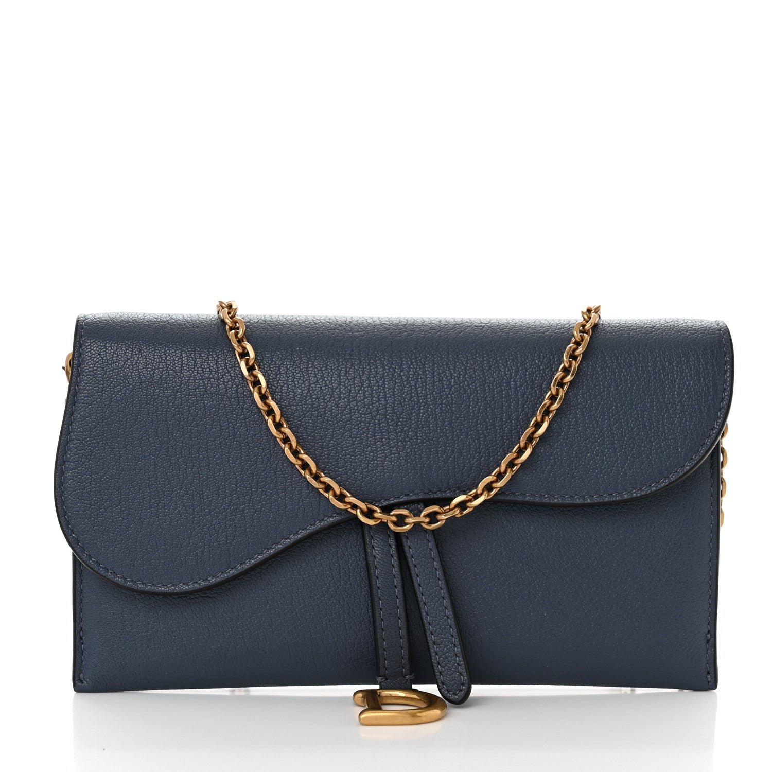 Dior Goatskin Saddle Long Wallet With Chain Dark Blue