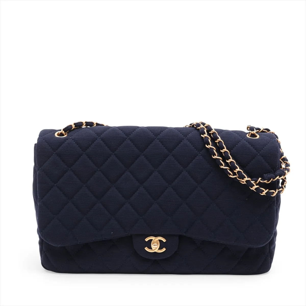 Chanel Matelasse Cotton Single Flap Double Chain Bag Navy Blue Gold Metal Fittin