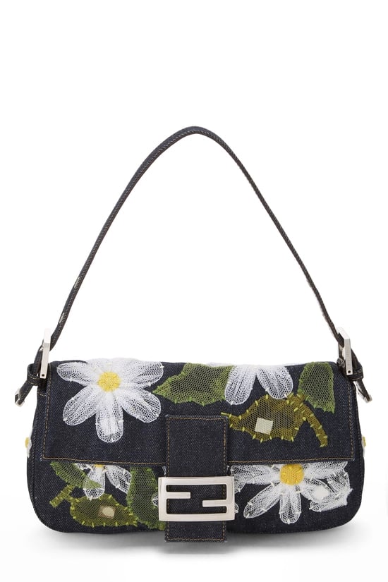 Navy Denim Embroidered Floral Appliqué Baguette