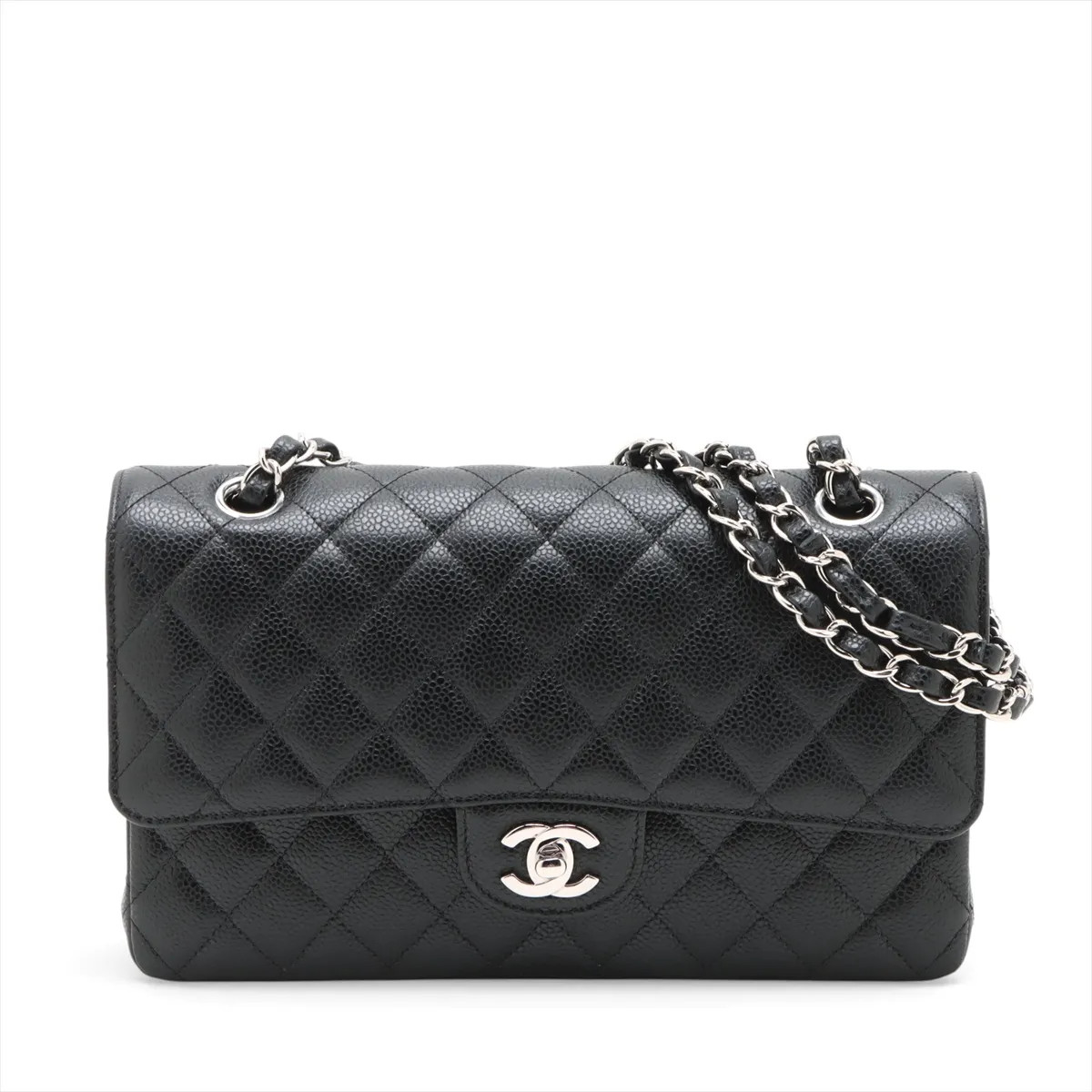 Chanel Matelasse 25 Caviar Skin Double Flap Double Chain Bag Black Silver Metal
