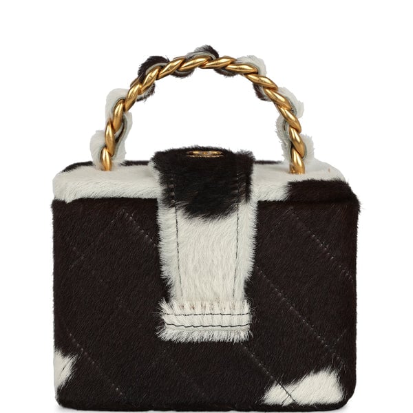 Chanel Vintage Chanel Square Vanity Box Brown and White Cow Print Pony Hair Antique Gold Hardware