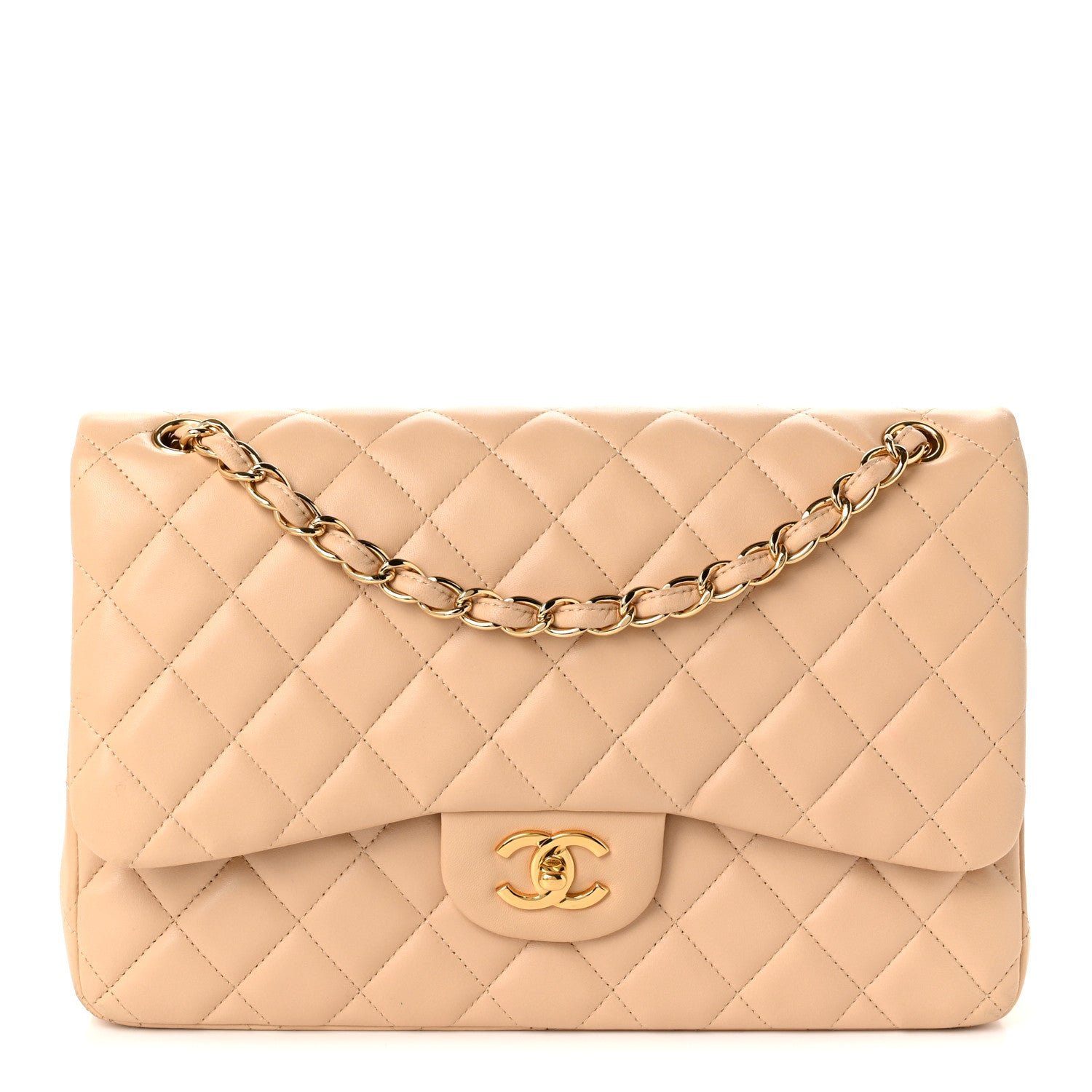 Lambskin Quilted Jumbo Double Flap Beige
