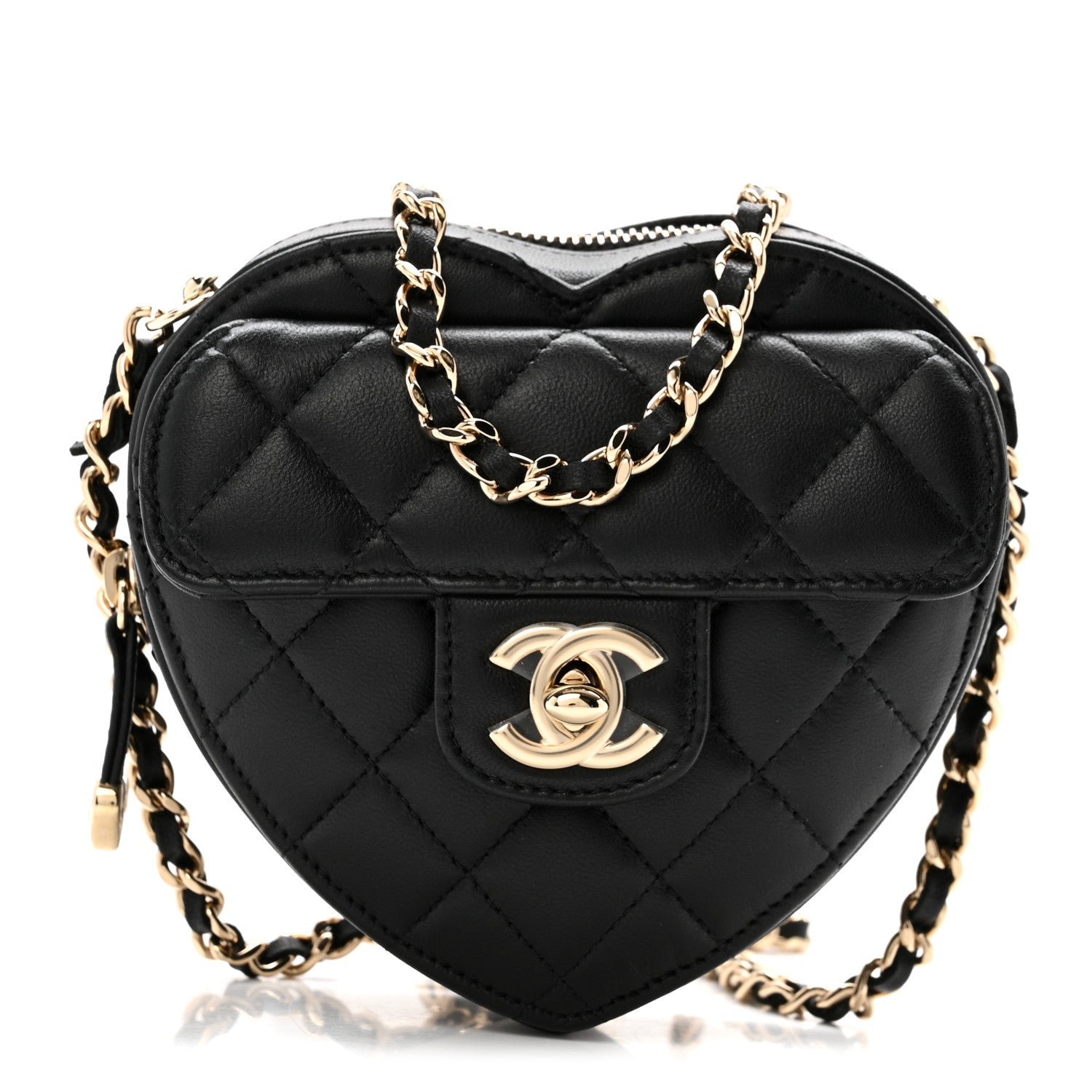 Chanel Lambskin Quilted CC In Love Heart Clutch With Chain Black