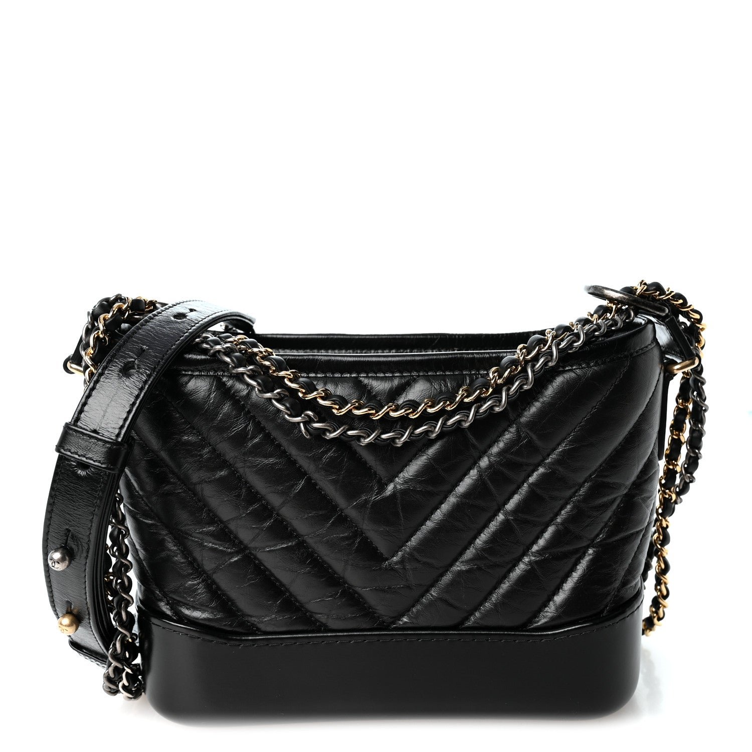 Chanel Aged Calfskin Chevron Quilted Small Gabrielle Hobo Black