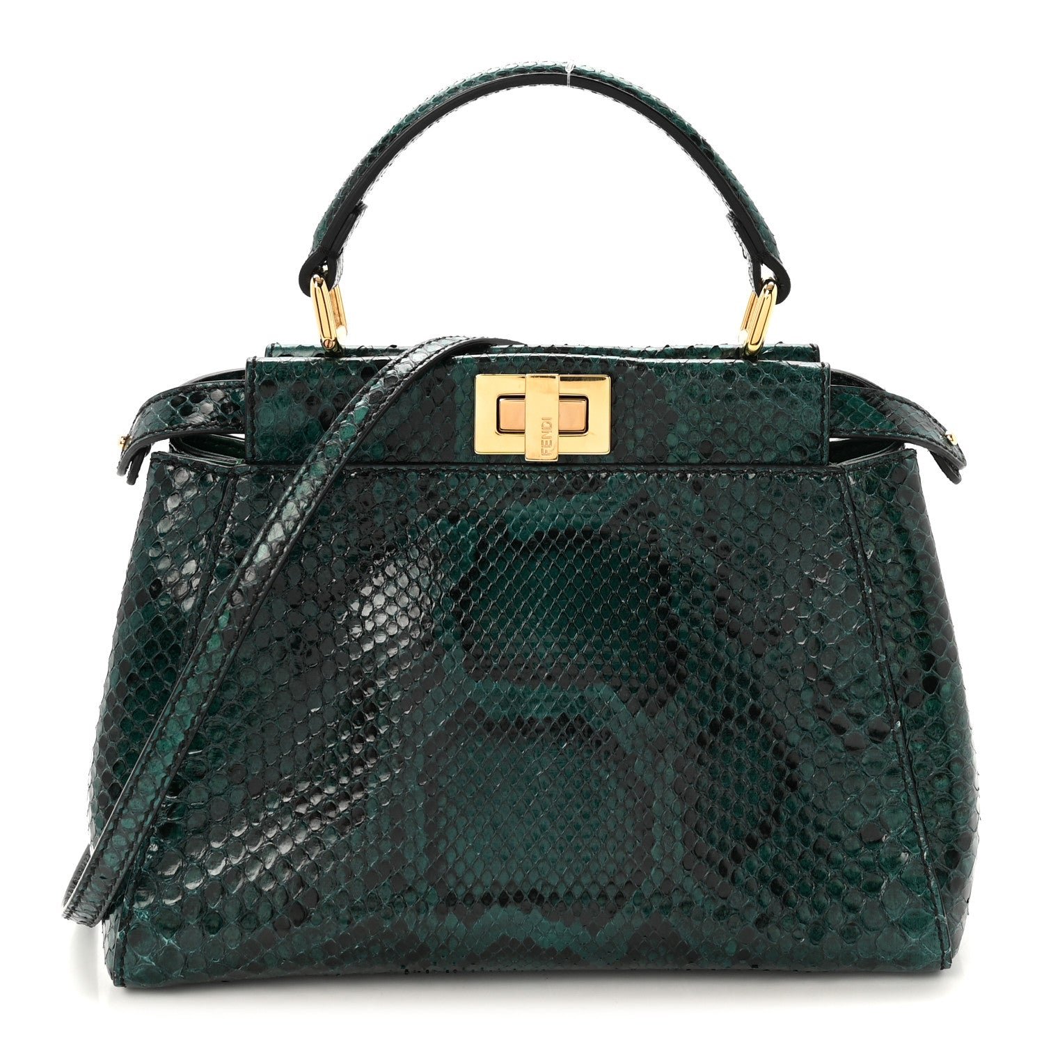Fendi Snakeskin Shiny Nappa Mini Peekaboo Iconic Satchel Green