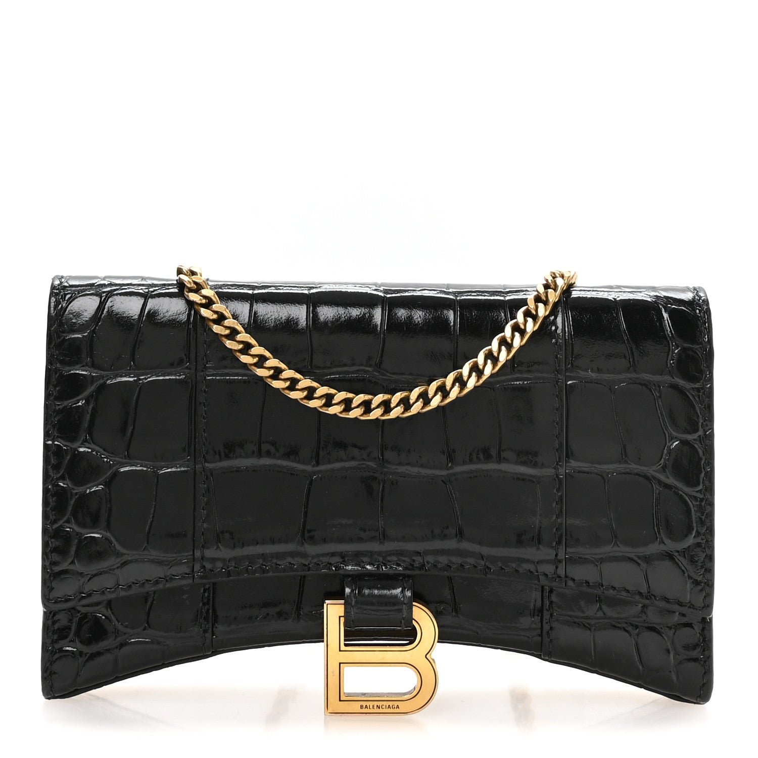 Balenciaga Shiny Calfskin Crocodile Embossed XS Hourglass Wallet On Chain Black