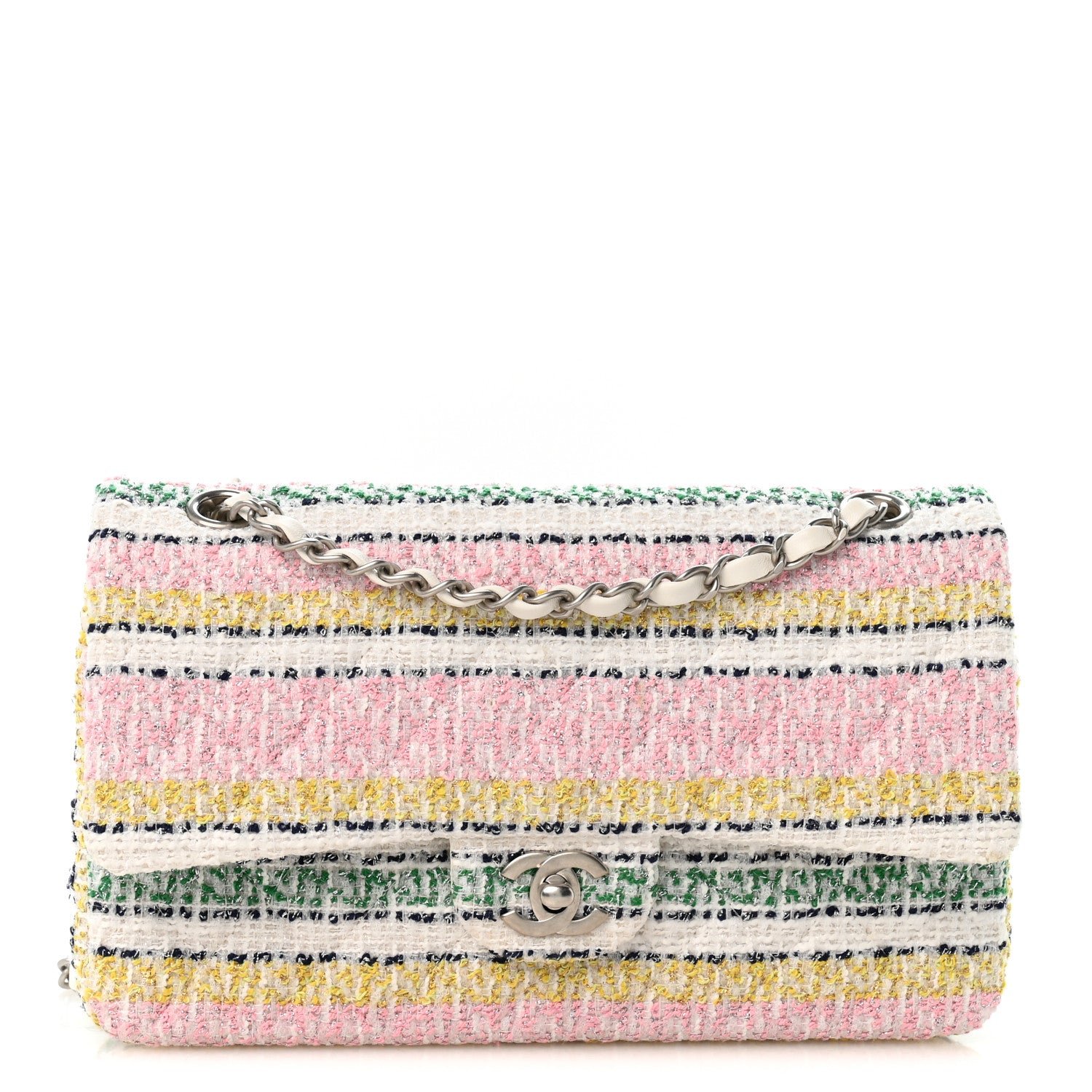 Chanel Tweed Quilted Medium Double Flap Yellow White Ochre