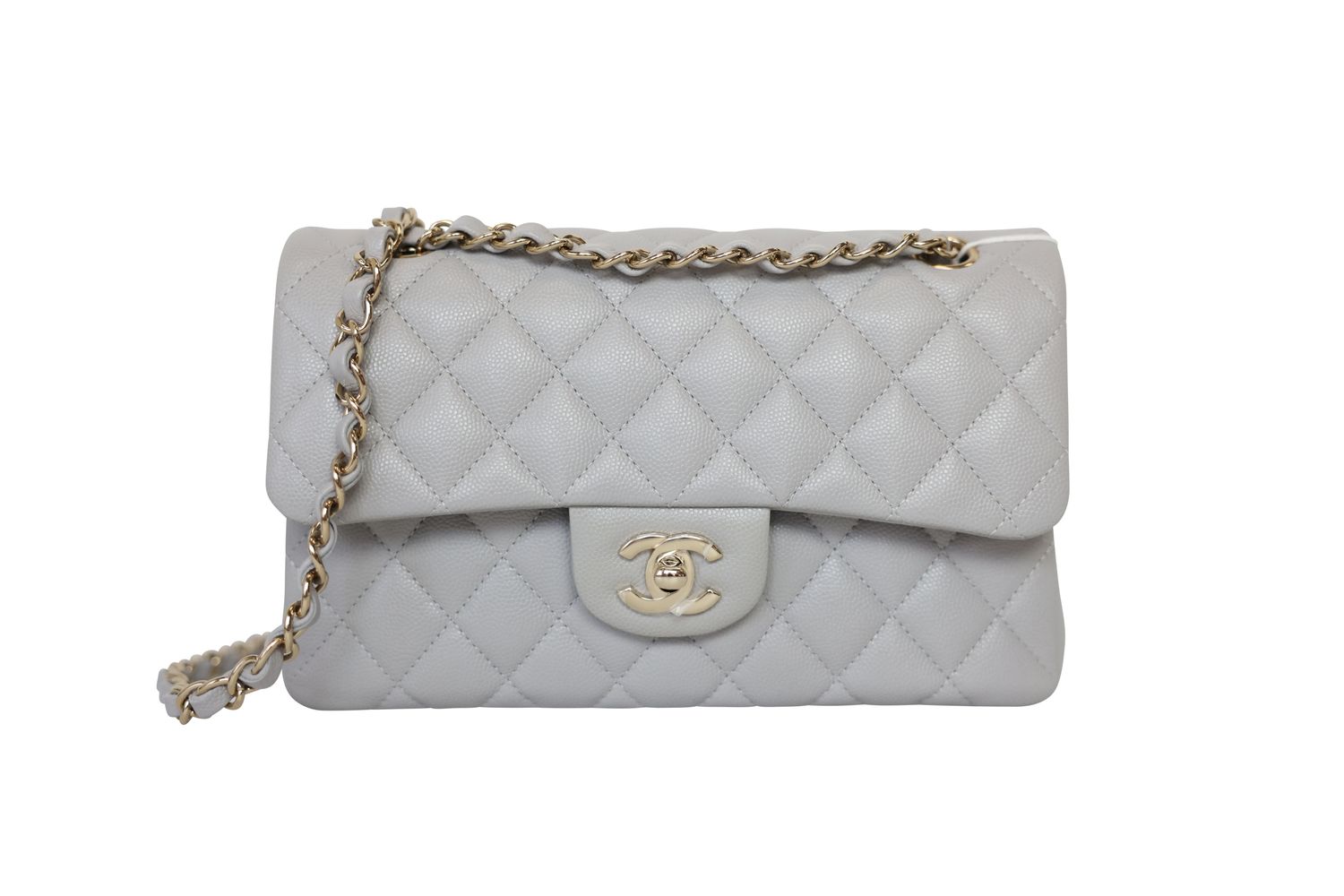 Chanel Classic 21A Small Handbag, Light Gray Quilted Caviar and Gold Hardware, Preowned in Dustbag WA001