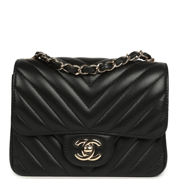Pre-owned Chanel Mini Chevron Square Flap Bag Black Lambskin Light Gold Hardware