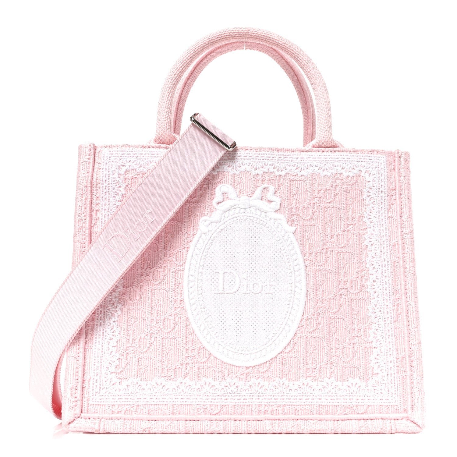 Christian Dior Cotton Toile De Jouy Oblique Embroidered Dior Medaillon Small Book Tote With Strap Soupir Pink White