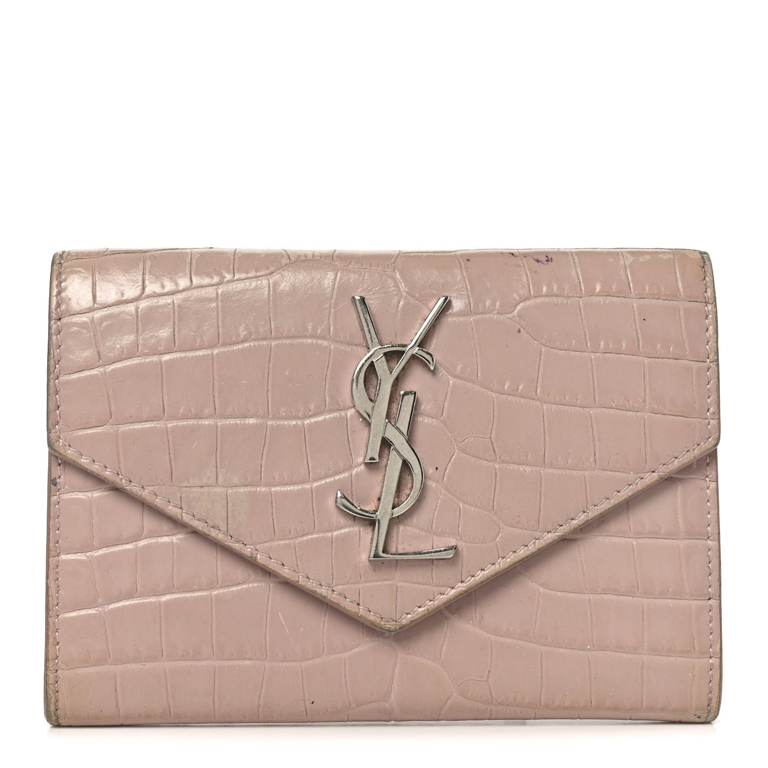 Saint Laurent Calfskin Crocodile Embossed Small Monogram Envelope Wallet Rose Antic