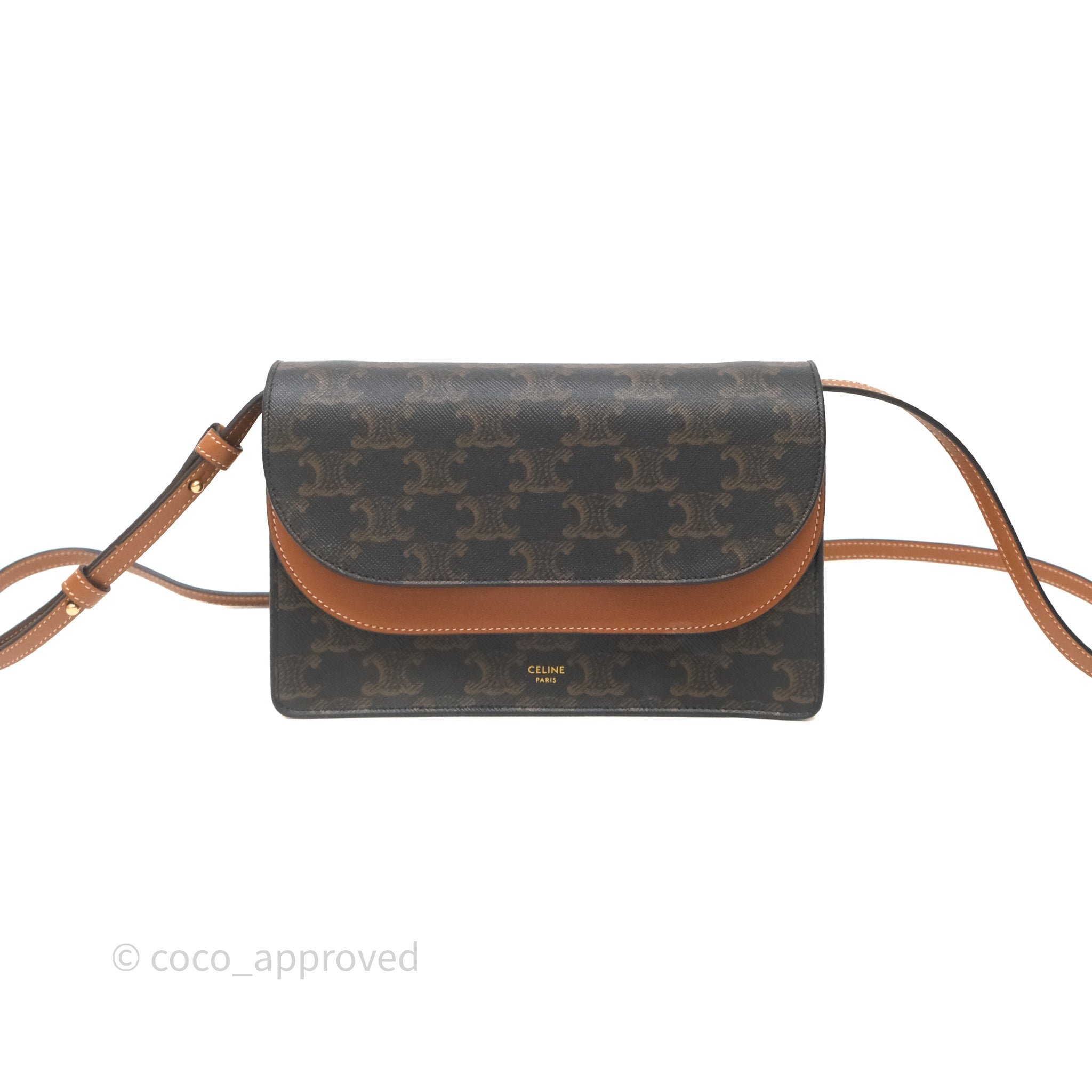 Celine Wallet On Strap Triomphe Canvas Tan Lambskin