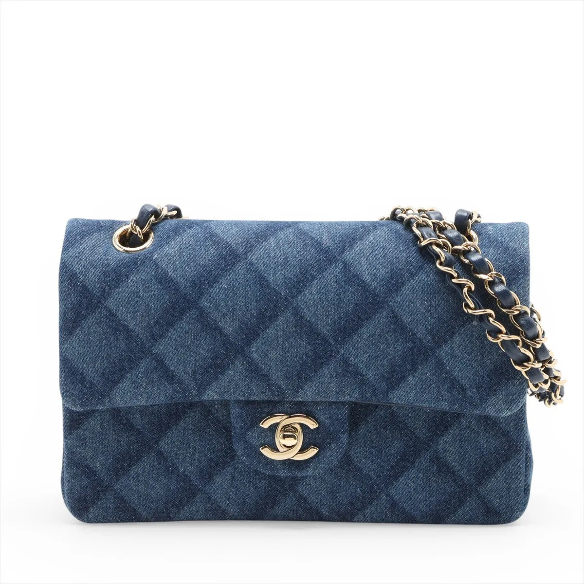 Chanel Matelasse 23 Small Denim Double Flap Double Chain Bag Blue Gold Metal Fit