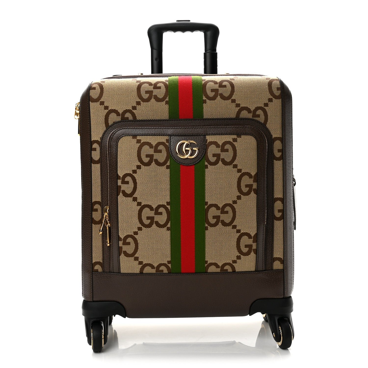 Gucci Monogram Jumbo GG Textured Dollar Calfskin Web Small Savoy Cabin Trolley Camel Ebony New Acero