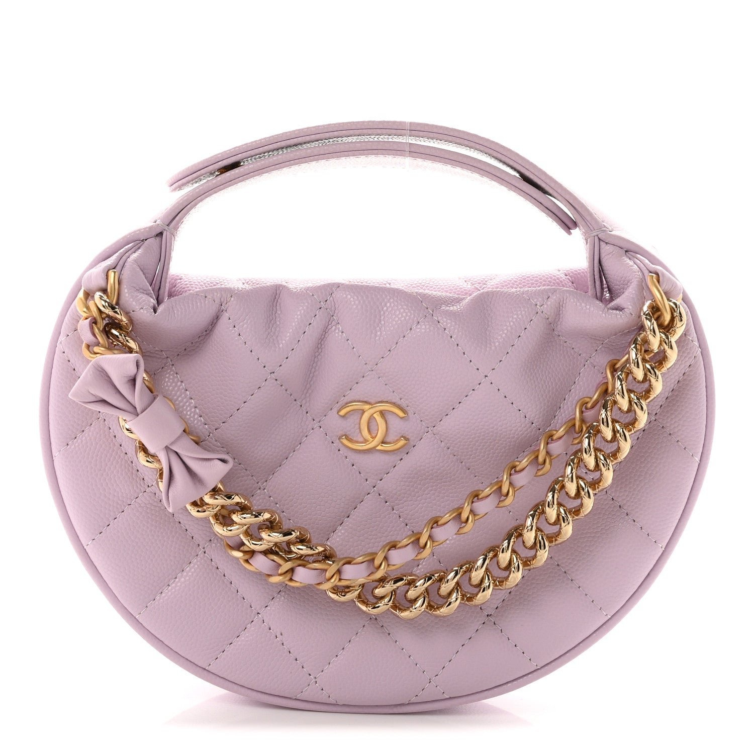 Chanel Shiny Caviar Quilted Bow Pouch Hobo Light Purple