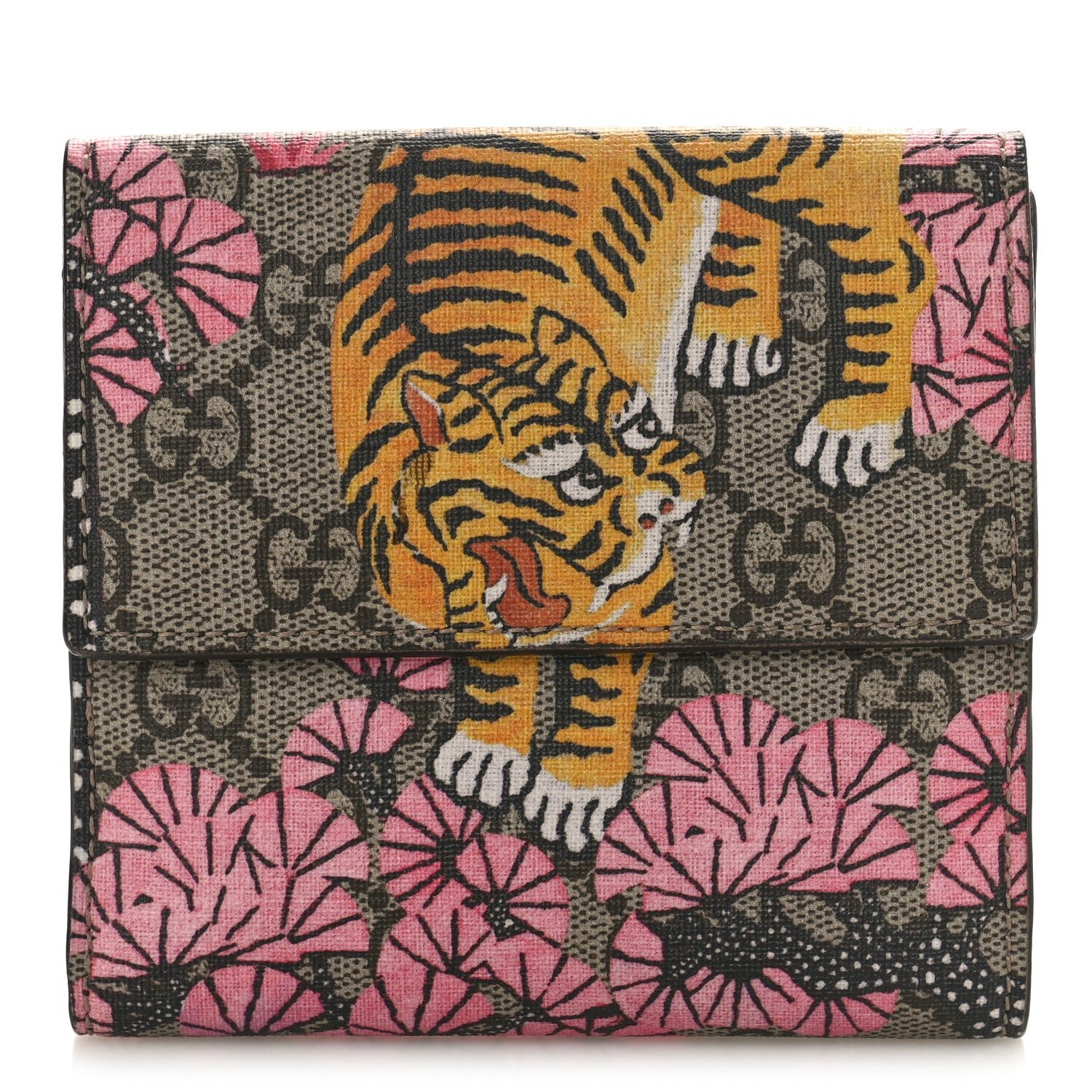 Gucci GG Supreme Monogram Bengal French Flap Wallet Beige Pink