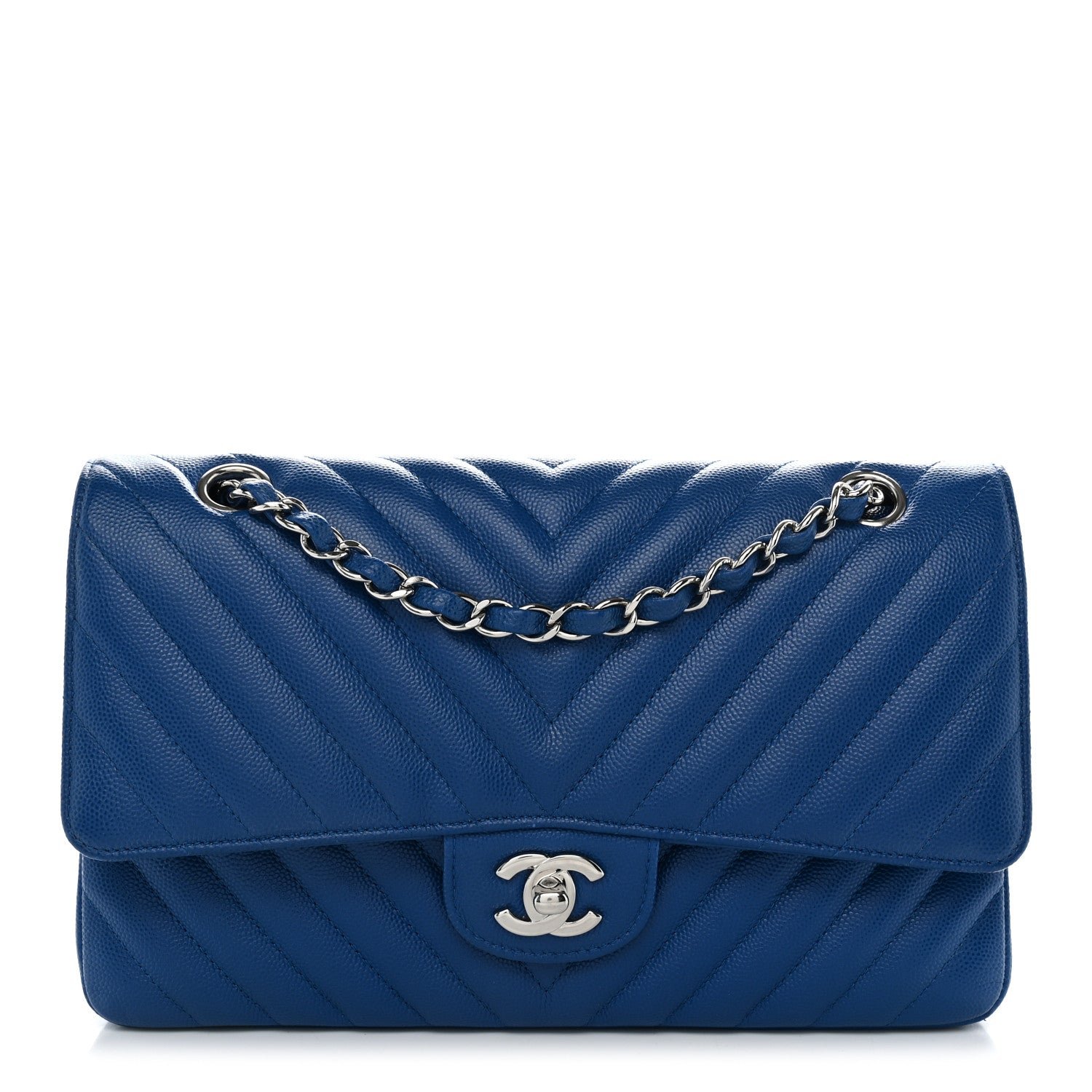 Chanel Caviar Chevron Quilted Medium Double Flap Blue