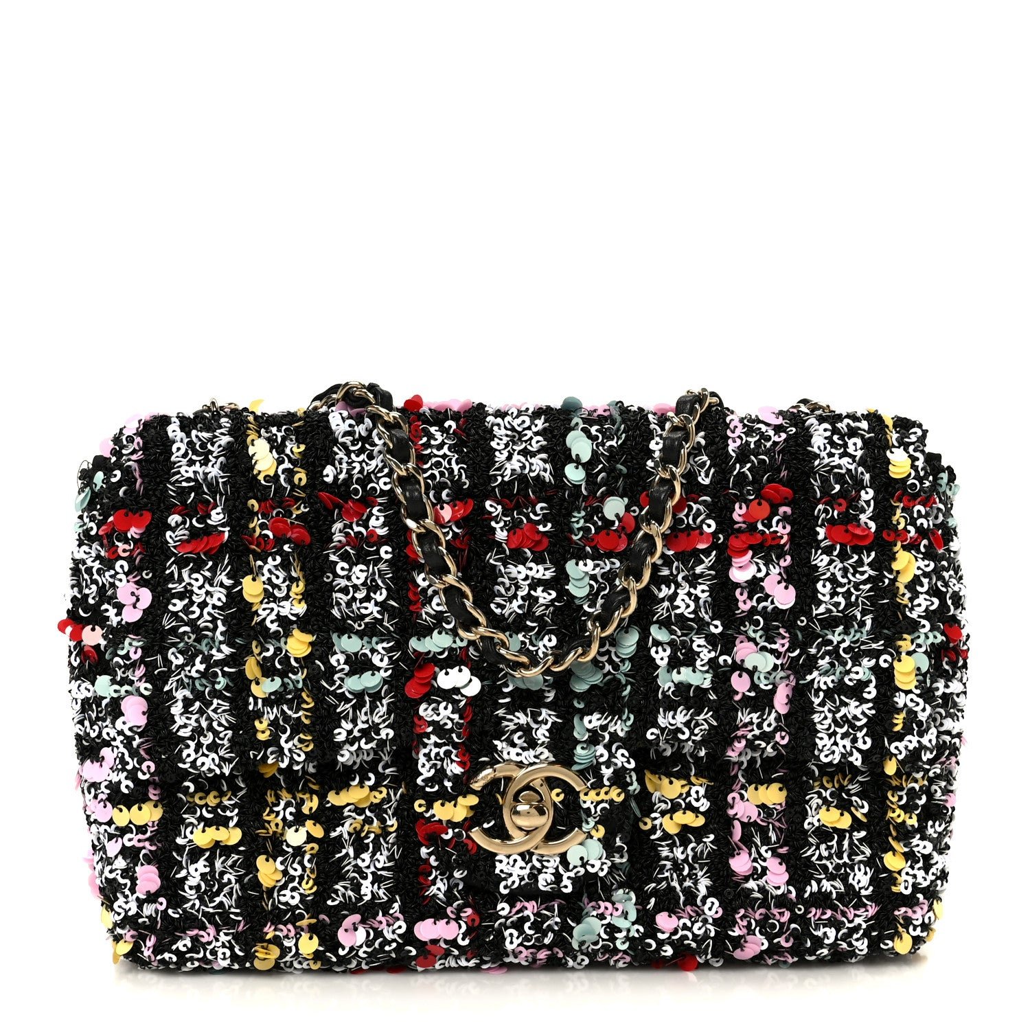 Chanel Tweed Sequin Small Single Flap Black Red Multicolor