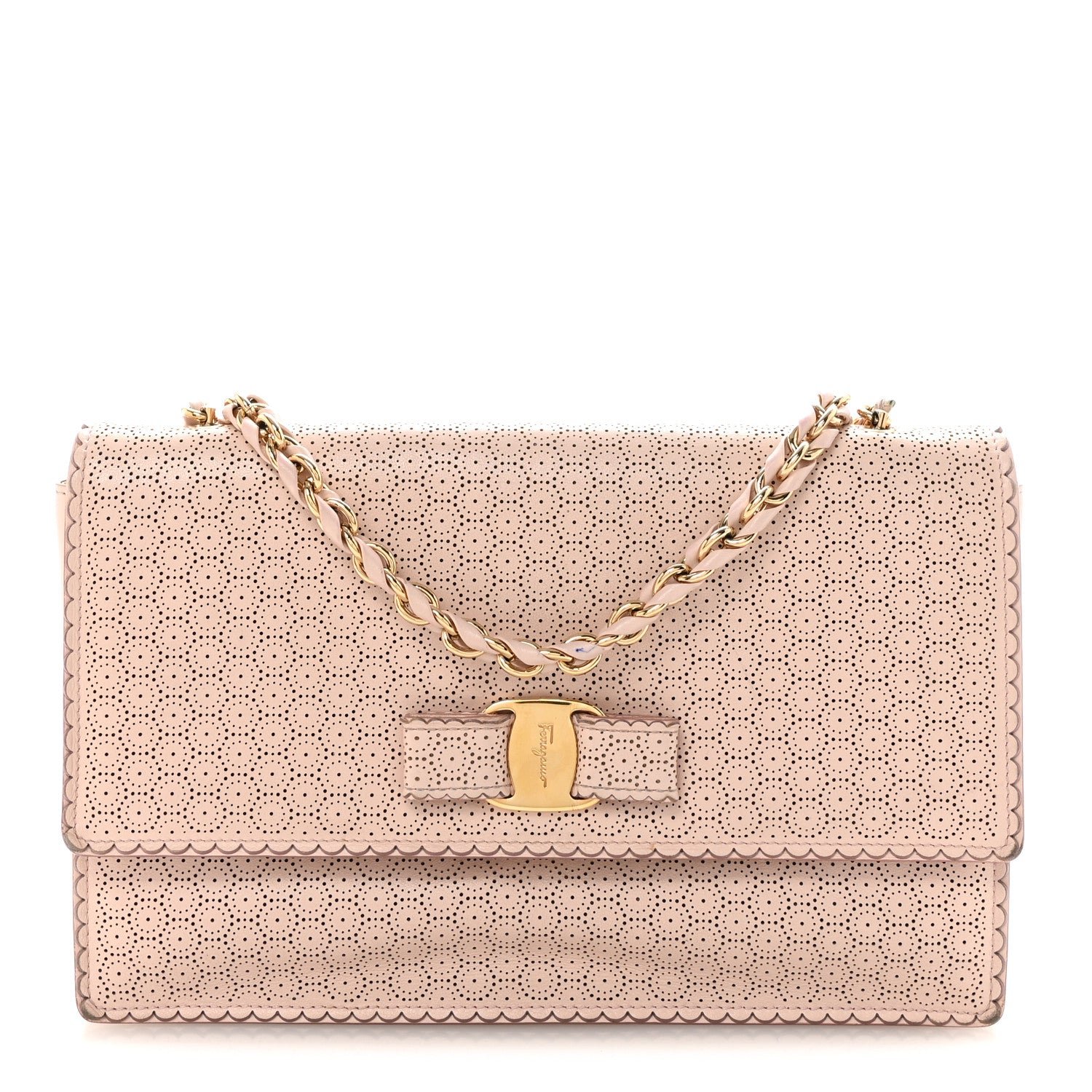 Salvatore Ferragamo Salvatore Ferragamo Perforated Calfskin Ginny Bow Crossbody Bag Light Pink