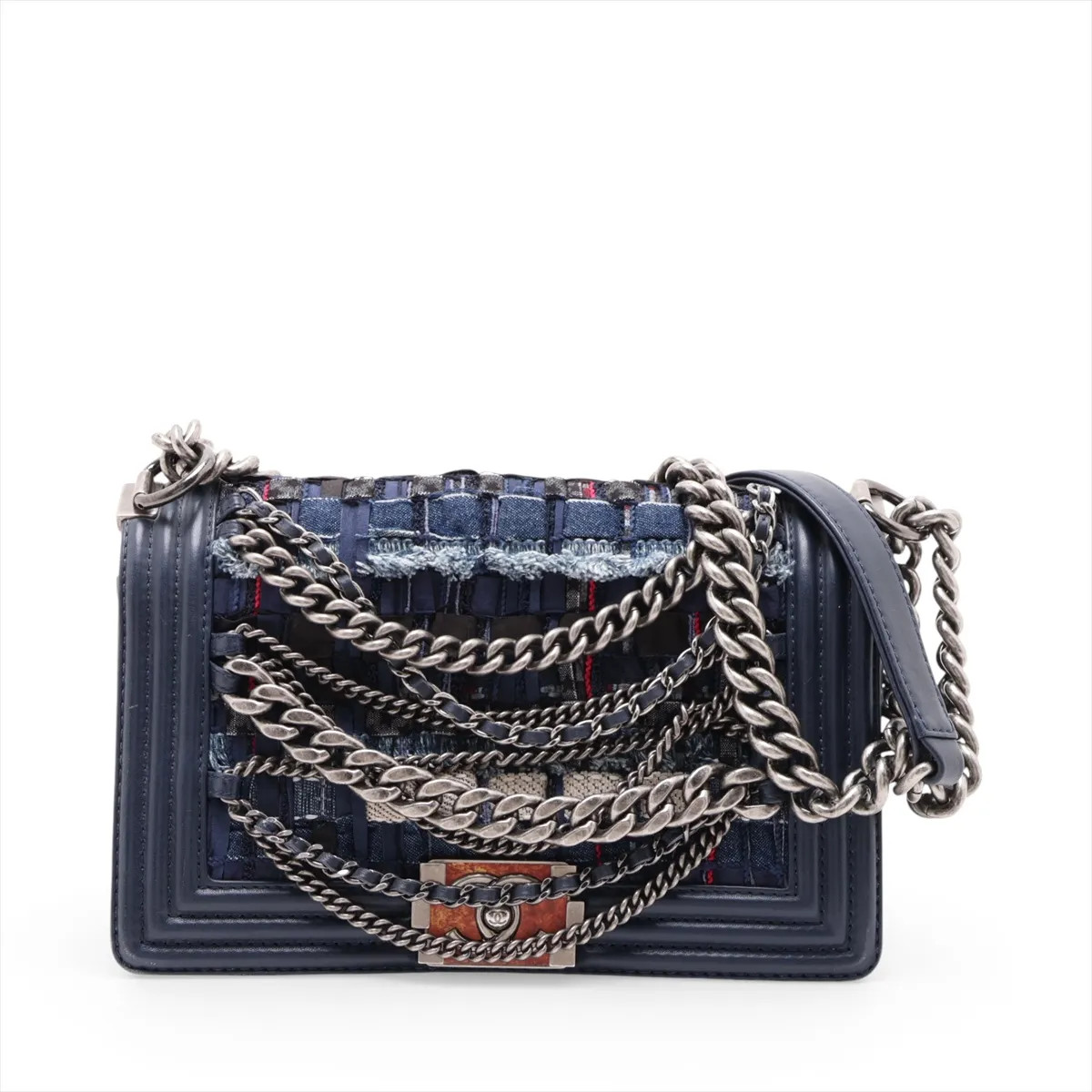 Chanel BOY CHANEL 25 Lambskin x denim Chain Shoulder Bag Blue Gunmetal Fittings