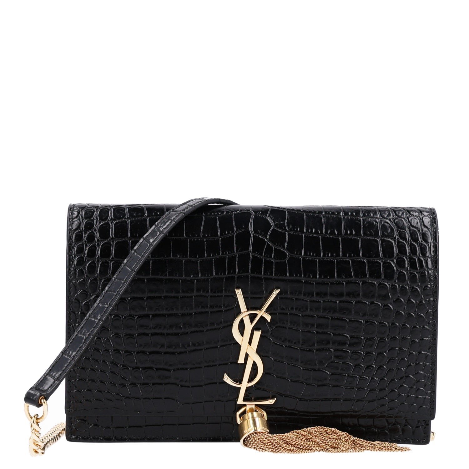 Saint Laurent Calfskin Crocodile Embossed Kate Monogram Tassel Chain Wallet Black