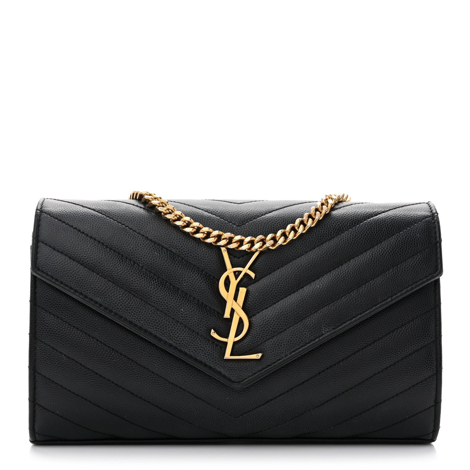 Saint Laurent Grain De Poudre Matelasse Chevron Monogram Chain Wallet Black