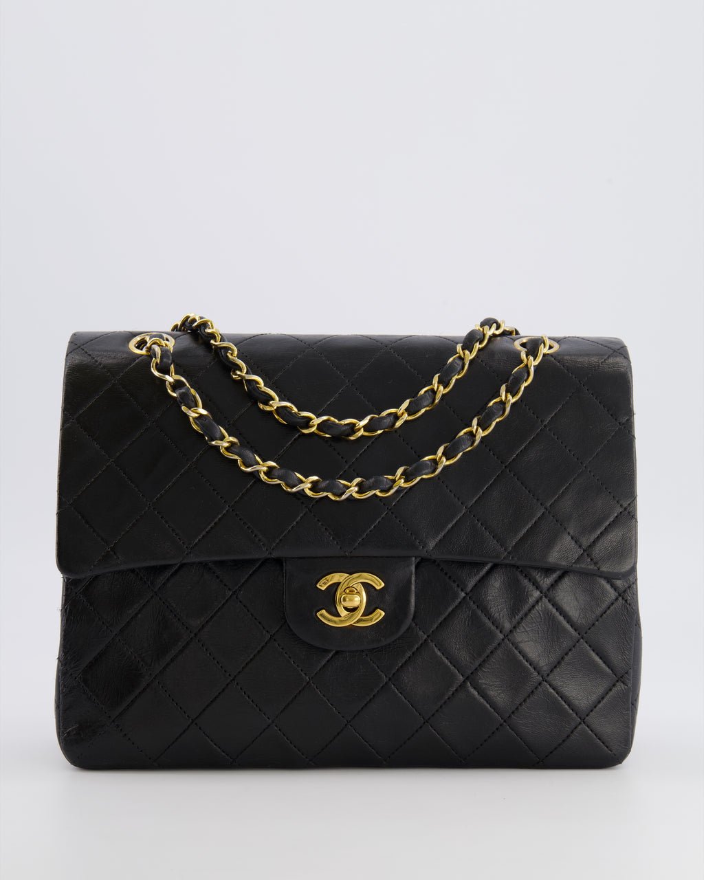 Chanel Vintage Square Medium Classic Double Flap Bag in Black Lambskin Leather with 24K Gold Hardware