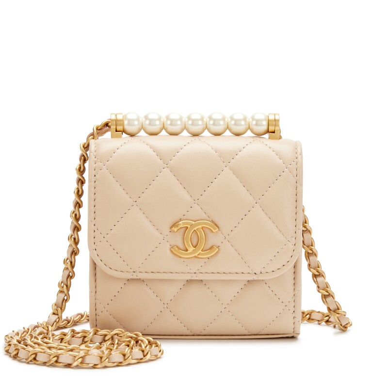 Beige Quilted Lambskin Chic Pearls Mini Clutch With Chain Bag Aged Gold Hardware, 2025