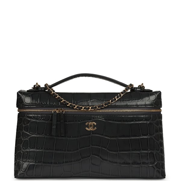 Chanel Large Top Handle Long Vanity Case Grey Croc Embossed Calfskin Gold Hardware