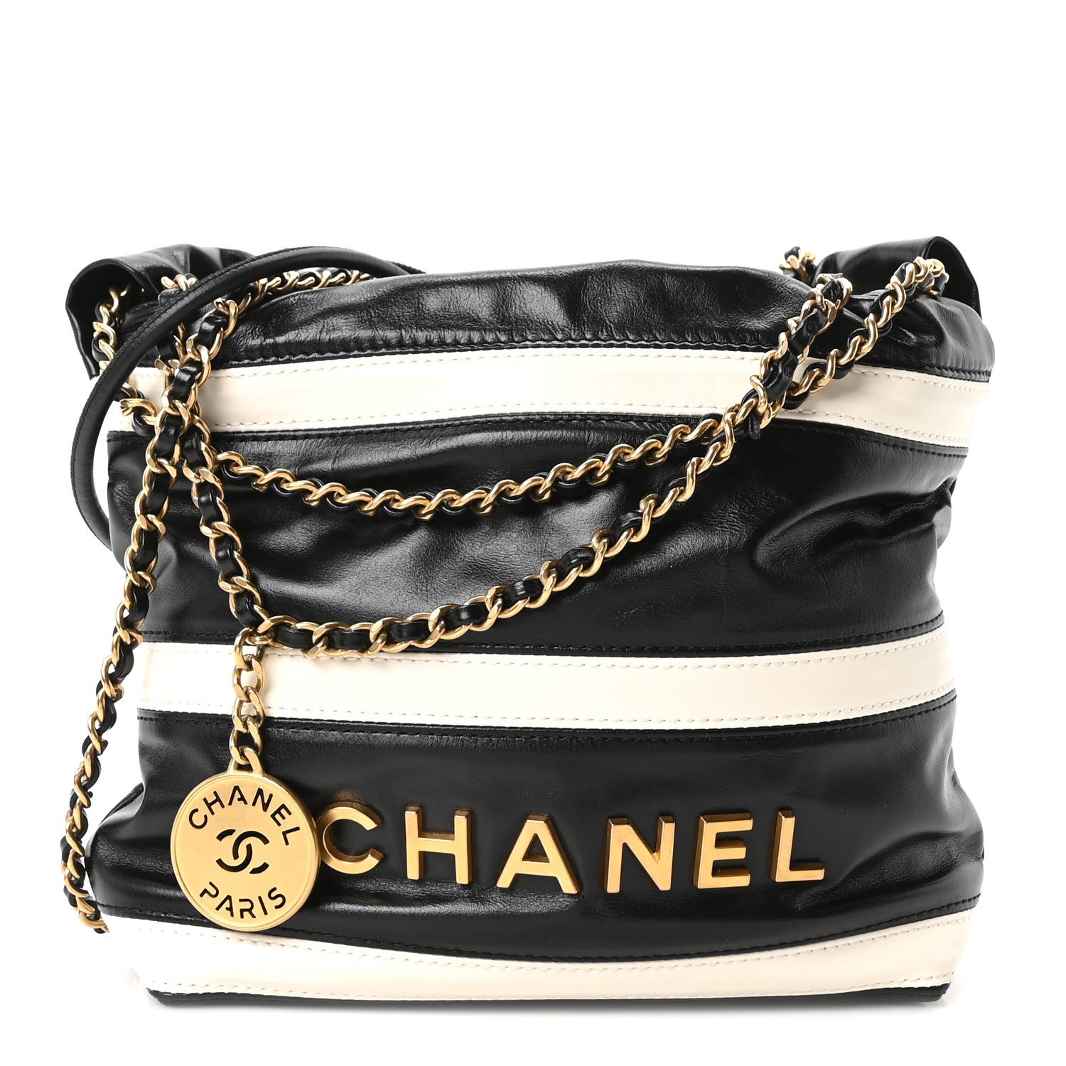 Chanel Shiny Calfskin Striped Mini Chanel 22 Black White