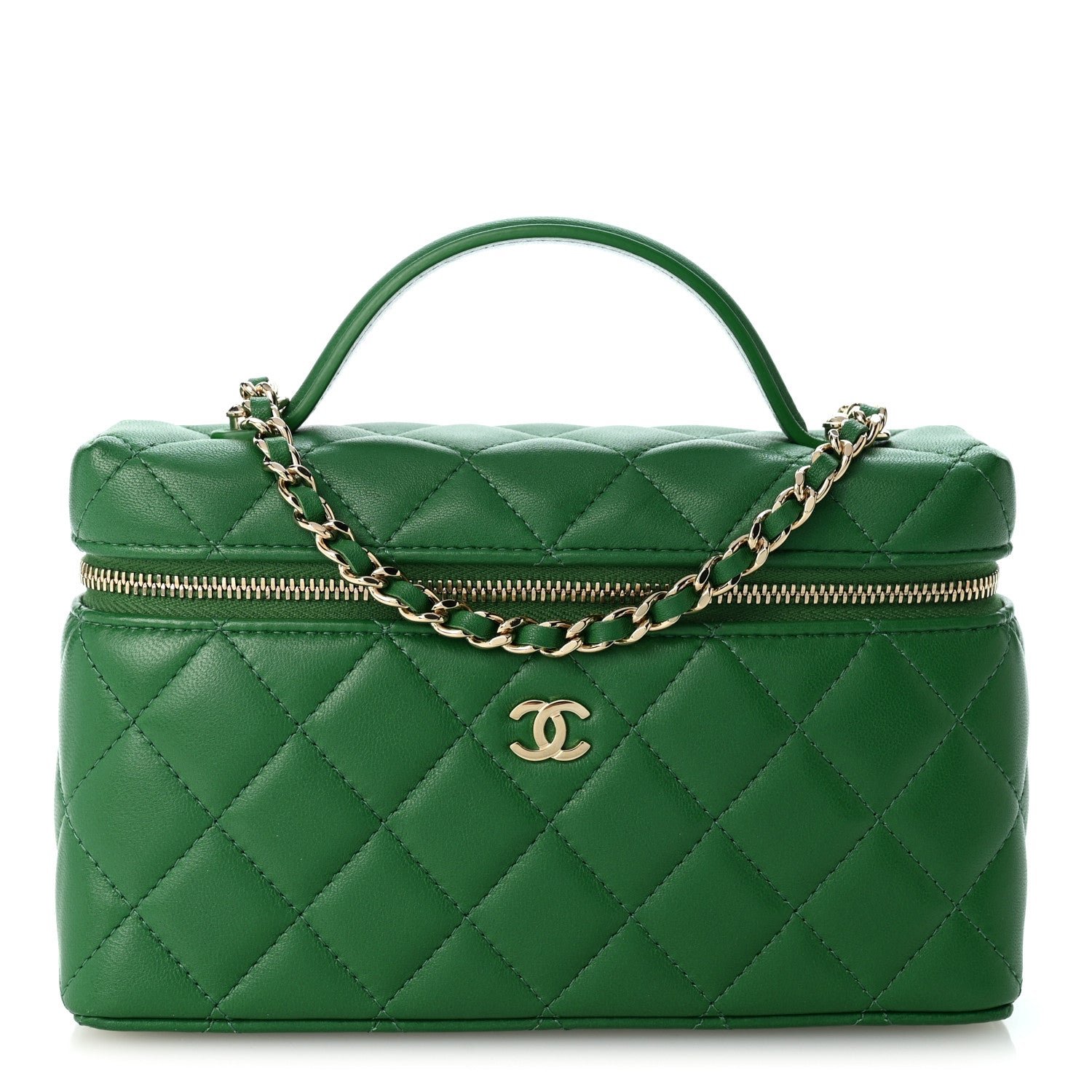 Chanel Lambskin Quilted Top Handle Slim Vanity With Chain Green